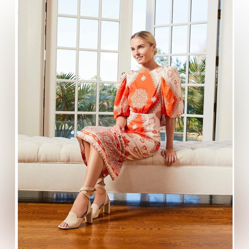 Antonio Melani Akira Printed Boat Neck Bow Detail Sheath Midi Dress, new, size 0